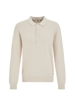 Beige gebreide trui met lange mouwen, een polo kraag, een knoopsluiting met vijf knopen, een gestructureerd patroon en geribbelde boorden en zoom.