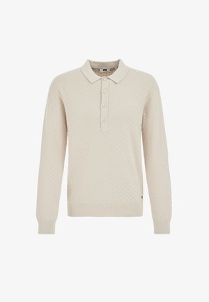 Jersey beige de punto con mangas largas, cuello tipo polo, tapeta con cinco botones, patrón texturizado y puños y dobladillo acanalados.