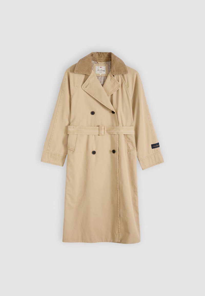 Beige double-breasted trench coat with matching belt, dark buttons, corduroy collar, and checkered lining, displayed flat on a light background.