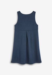 Navyblaues ärmelloses Kleid aus einem glatten Stoff, mit einem einfachen, runden Ausschnitt und einem gefältelten Rücken für zusätzlichen Schwung.