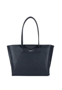 Sac en cuir navy avec de longues poignées, de forme rectangulaire et un fini texturé. Présente un logo subtil sur le rabat de la poche avant.