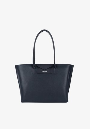 Marineblaue Leder-Tote mit langen Griffen, rechteckiger Form und strukturiertem Finish. Mit einem dezenten Logo auf der Klappe der Fronttasche.