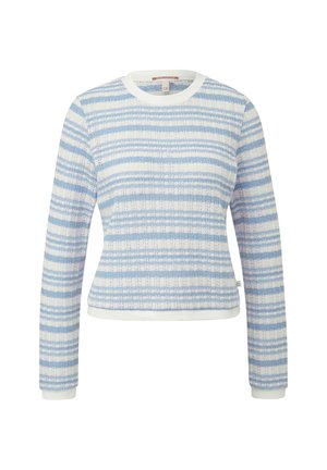 Jasnoniebieski i biały sweter dziany w poziome paski z długim rękawem, okrągłym dekoltem oraz ściągaczami przy mankietach i dolnym brzegu.