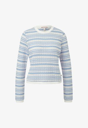 Jasnoniebieski i biały sweter dziany w poziome paski z długim rękawem, okrągłym dekoltem oraz ściągaczami przy mankietach i dolnym brzegu.