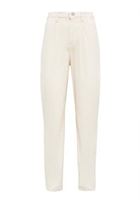 Pantaloni high-waisted di colore crema con vestibilità morbida, caratterizzati da pieghe laterali e una texture sottile. Chiusura con bottone metallico in vita.