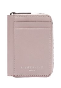 Kompaktowy portfel wykonany z fakturowanej, jasnoróżowej skóry, z zamknięciem na zamek błyskawiczny, wieloma kieszonkami na karty oraz wytłoczonym logo.
