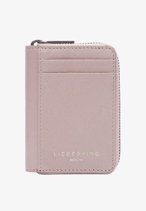 Compact wallet made of textured light pink leather featuring a zip-around closure, multiple card slots, and embossed logo detail.