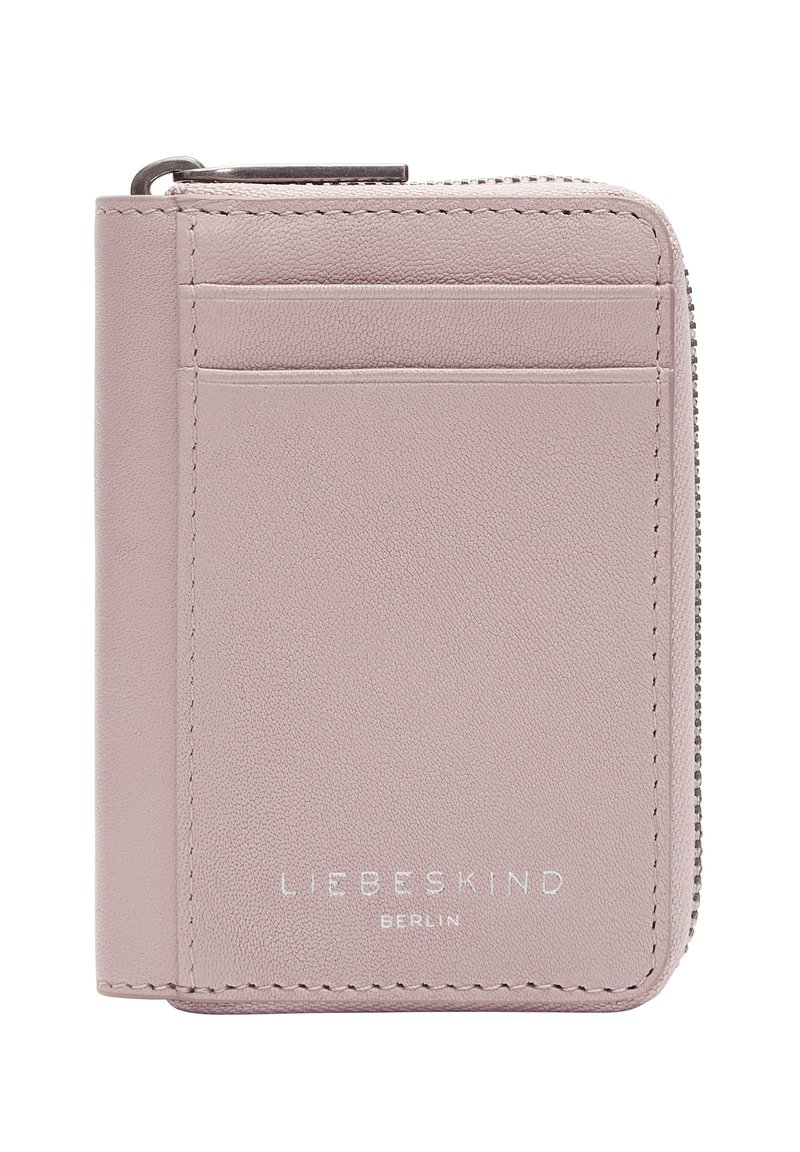 Kompaktowy portfel wykonany z fakturowanej, jasnoróżowej skóry, z zamknięciem na zamek błyskawiczny, wieloma kieszonkami na karty oraz wytłoczonym logo.
