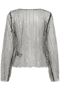 Top trasparente argento con maniche lunghe, decorato con paillettes disposte in linee verticali. Presenta un colletto rotondo e leggere arricciature all'orlo.