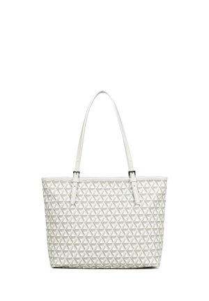 Sac tote blanc avec motif triangulaire géométrique et deux fines bretelles avec détails de boucle.