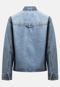 Light blue denim jacket with a collared neck, button accents on cuffs, and a rear yoke seam, featuring a slightly distressed texture.
