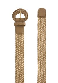 Ceinture tissée en tan et beige avec une boucle circulaire tressée et des accents en cuir. Sangle texturée et flexible avec une finition lisse.