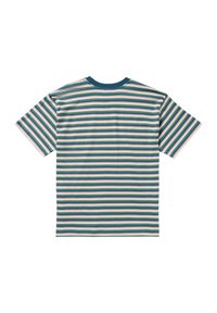 Bomull t-shirt med korta ärmar, med horisontella ränder i blått, rosa och cream. Ribbad blå krage. Mjuk textur.