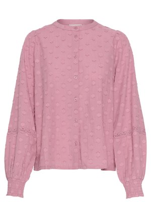 Roze blouse met knoopsluiting, voorzien van een textuur met een bloemmotief, ronde halslijn, lange pofmouwen met kantaccenten en gathered boorden.