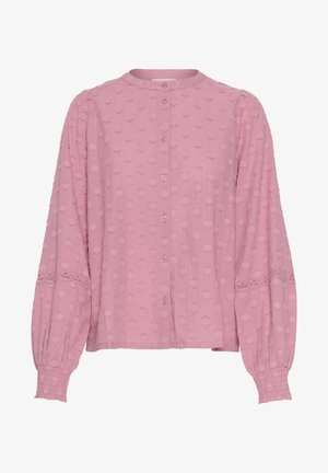 Vaaleanpunainen nappisaumainen paita, jossa on tekstuurinen kukkakuosi, pyöreä pääntie, pitkät puffitakit, joissa on pitsikoristeet, sekä kootut hihansuut.