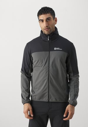 Herenjack in zwart en donkergrijs, gemaakt van lichtgewicht, rekbaar materiaal. Voorzien van een ritssluiting aan de voorkant, een capuchon en zijzakken. Merklogo weergegeven.