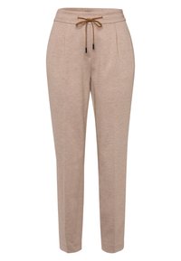 Beige jogger pants made of soft fabric, featuring a drawstring waist with brown accents, flat front, and tapered legs.
