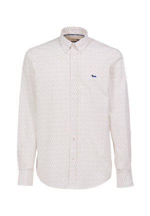 Witte overhemd met een licht stippenpatroon in rood, blauw en groen. Heeft een ronde kraag en lange mouwen, met een klein blauw logo.