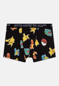 Caleçons en tissu noir ornés d'impressions colorées de personnages Pokémon, notamment Pikachu, Carapuce, Salamèche et Bulbizarre.