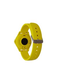 Leuchtend gelbe Silikon-Smartwatch mit rundem Ziffernblatt, einem schwarzen runden Sensor auf der Rückseite und einer metallischen Schnalle am verstellbaren Armband.