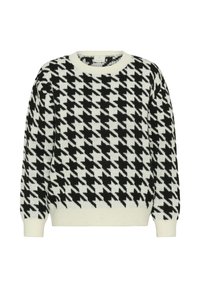 Black and white houndstooth pattern sweater with a round neckline and ribbed cuffs. Soft knit material, loose fit, and textured fabric.