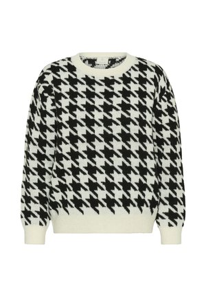 Zwart-wit houndstooth-patroon trui met een ronde hals en ribgebreide manchetten. Zachte gebreide stof, losse pasvorm en gestructureerde stof.