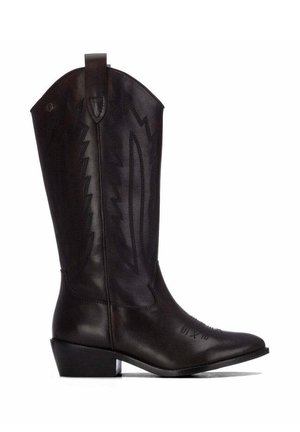Bota vaquera alta de cuero negro con costura decorativa y tacón bajo inclinado, vista desde el lado exterior sobre un fondo blanco.