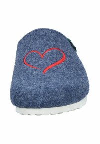 Blue felt slipper with red heart embroidery on the upper and white rubber sole. Rounded toe and smooth texture.