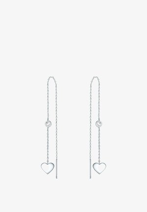 Sølvdråbeøreringe med hjerte- og stangsformer, prydet med små runde krystaller, samt et fint kædedesign.