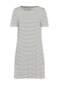 Robe t-shirt rayée avec des manches courtes, un col rond et une coupe décontractée. Rayures noires sur fond blanc, tissu doux.