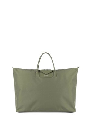 Grand sac cabas vert olive avec double poignée et petite poche avant à rabat, sur fond blanc uni.