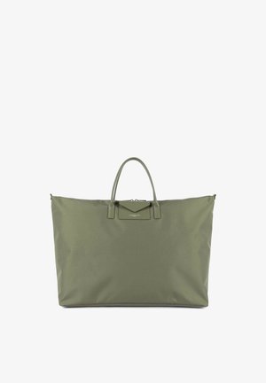 Große olivgrüne Tragetasche mit doppelten Griffen und kleinem Frontklappfach, vor weißem Hintergrund.