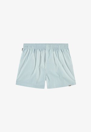 Vaaleansiniset ja valkoiset raidalliset boxerit, joissa on joustava vyötärö ja pieni logotagi oikeassa alareunassa. Pehmeä kankaan kuvio.