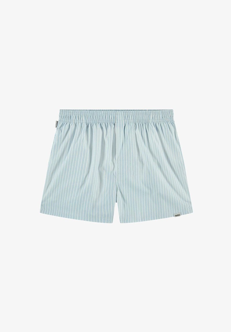 Gaiši zili un balti svītraini bokseri ar elastīgu jostu un mazu logo birku apakšējā labajā stūrī. Mīksts auduma tekstūra.