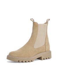 Tanfarbene Wildleder-Chelsea-Boots mit elastischen Seitenpanels, gesteppten Akzenten und einer robusten Gummisohle mit einem Profildesign.