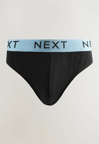 Svarta bomullstrumpor med ett ljusblått elastiskt midjeband. Midjebandet har ordet "NEXT" i fet svart text.