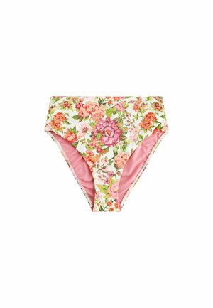 High-waist Bikinihose mit rosa Futter und mehrfarbigem Blumenmuster auf weißem Hintergrund.