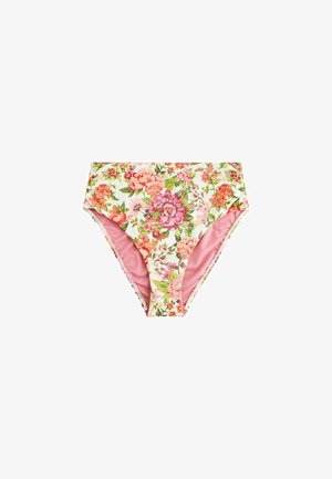 High-waist Bikinihose mit rosa Futter und mehrfarbigem Blumenmuster auf weißem Hintergrund.