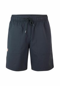 Pantaloni da bagno blu navy con vita elastica e coulisse. Presentano due tasche frontali e un piccolo logo sul lato inferiore.