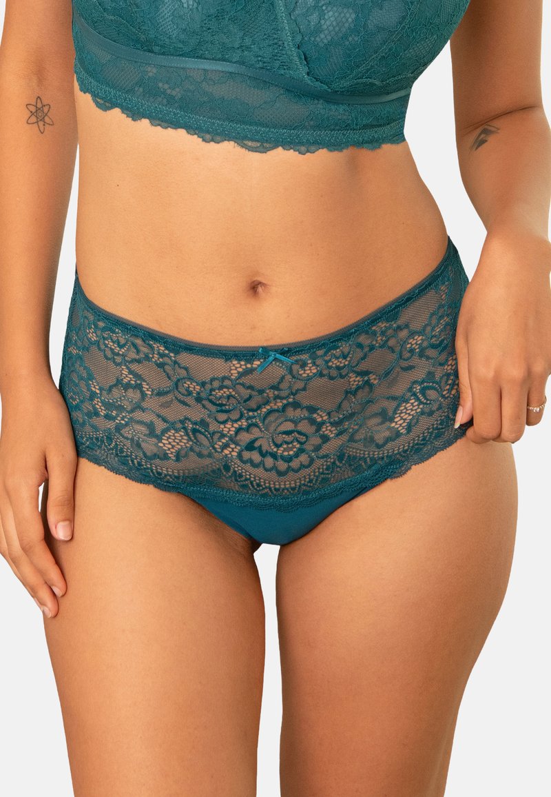 Teal lace underwear featuring floral patterns and a soft texture, with a smooth waistband and a small bow detail at the front.
