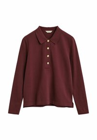 Long-sleeve burgundy polo shirt with a collar and four gold buttons centered on the chest.
