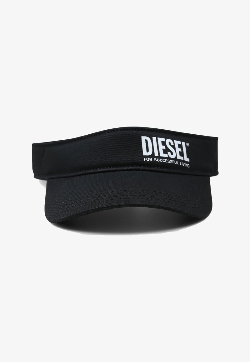 Cappellino visiera nera in tessuto, con una larga visiera, dettagli cuciti e logo bianco "DIESEL FOR SUCCESSFUL LIVING" sulla parte frontale.