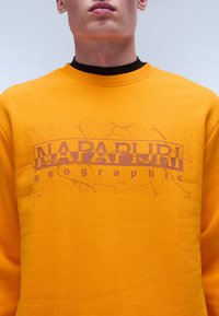 Felpa arancione realizzata in morbido tessuto, caratterizzata da una stampa grafica in purple danneggiata con il testo "NAPAPIJRI geographic." Design a collo rotondo.