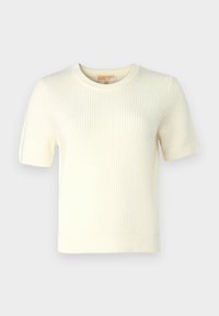 Maglione a maniche corte, con scollatura a girocollo, in maglia a coste bianco sporco. Presenta una superficie texturizzata e una silhouette aderente.