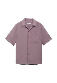Košulja kratkih rukava s gumbima u boji mauve. Ima džep na prsima, opušteni ovratnik i pet gumba sprijeda.