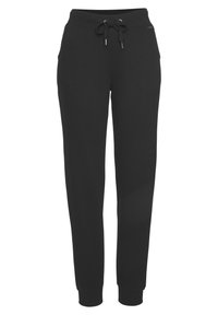 Schwarze Sweatpants aus weichem Stoff, mit einem elastischen Bund und Kordelzug, zwei Seitentaschen und engen Bündchen an den Knöcheln.