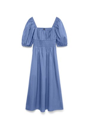 Sinine midikleit lühikeste padjandvarrukatega, ruudukujulise kaelusega ja kogutud vöödetailiga.