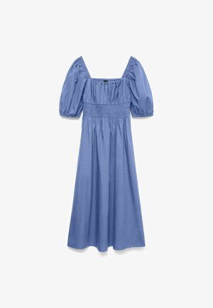 Sinine midikleit lühikeste padjandvarrukatega, ruudukujulise kaelusega ja kogutud vöödetailiga.