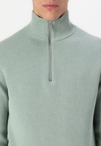 Light green zip-up sweater with a high collar. Textured knit material, featuring a silver zipper and ribbed detailing at the neck.