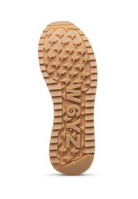 Suola della scarpa con battistrada testurizzato a forma di stella e la parola "W6YZ" impressa al centro, materiale in gomma beige.